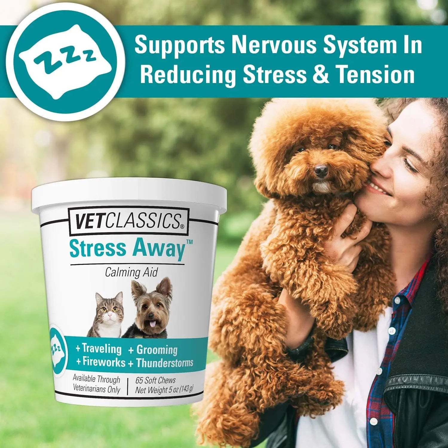 Vet Classics Stress Away Calming Supplement for Dogs and Cats – Soft Chews with Melatonin and Ginger – 65 Count Vet Classics