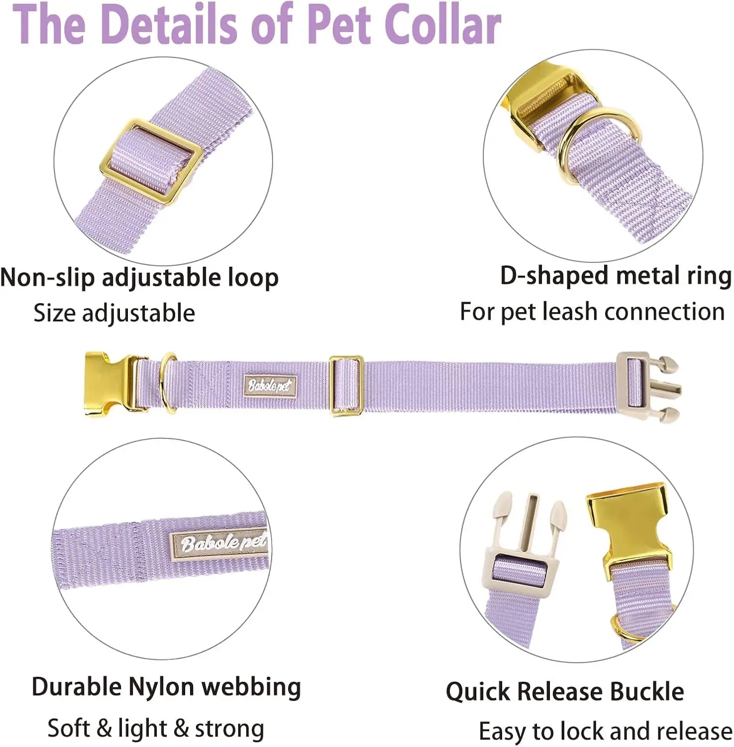 Adjustable Lavender Nylon Dog Collar with Safety Metal Buckle for Small to Large Dogs Babole Pet