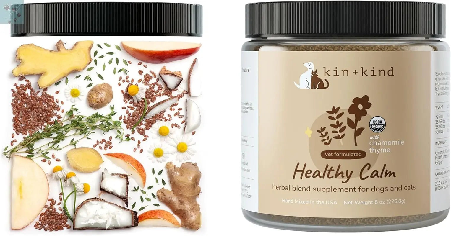 Kin+Kind Calming Supplement for Dogs and Cats – Natural Calming Support with Organic Chamomile, Thyme, Apple Pomace, Ginger, and Coconut – Veterinarian Formulated – Made in the USA – 8 Oz kin+kind