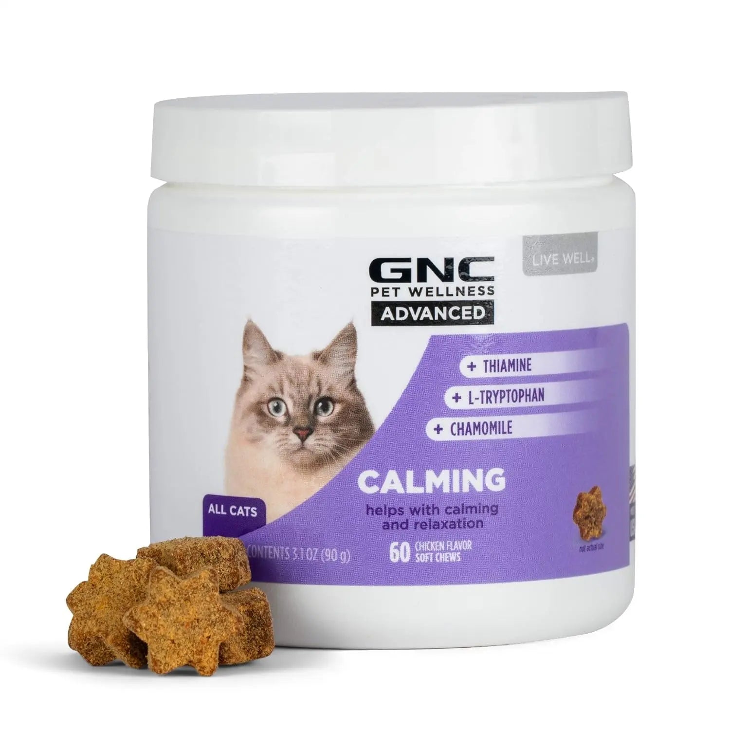 GNC Pets Advanced Calming Chews for Cats, 60 Count | Chicken Flavor Soft Chews for Relaxation | Contains Thiamine, L-Tryptophan, and Chamomile | Made in the USA Fetch for Pets