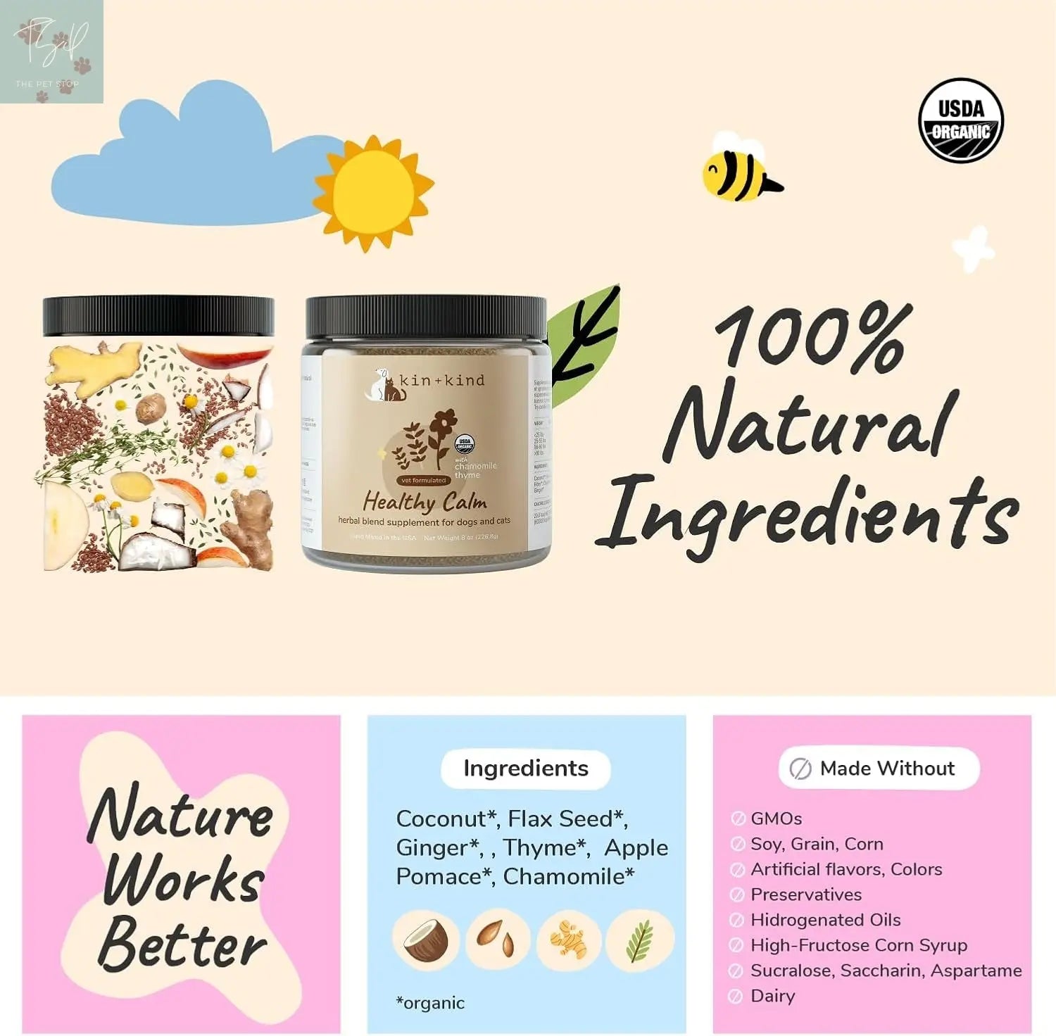 Kin+Kind Calming Supplement for Dogs and Cats – Natural Calming Support with Organic Chamomile, Thyme, Apple Pomace, Ginger, and Coconut – Veterinarian Formulated – Made in the USA – 8 Oz kin+kind