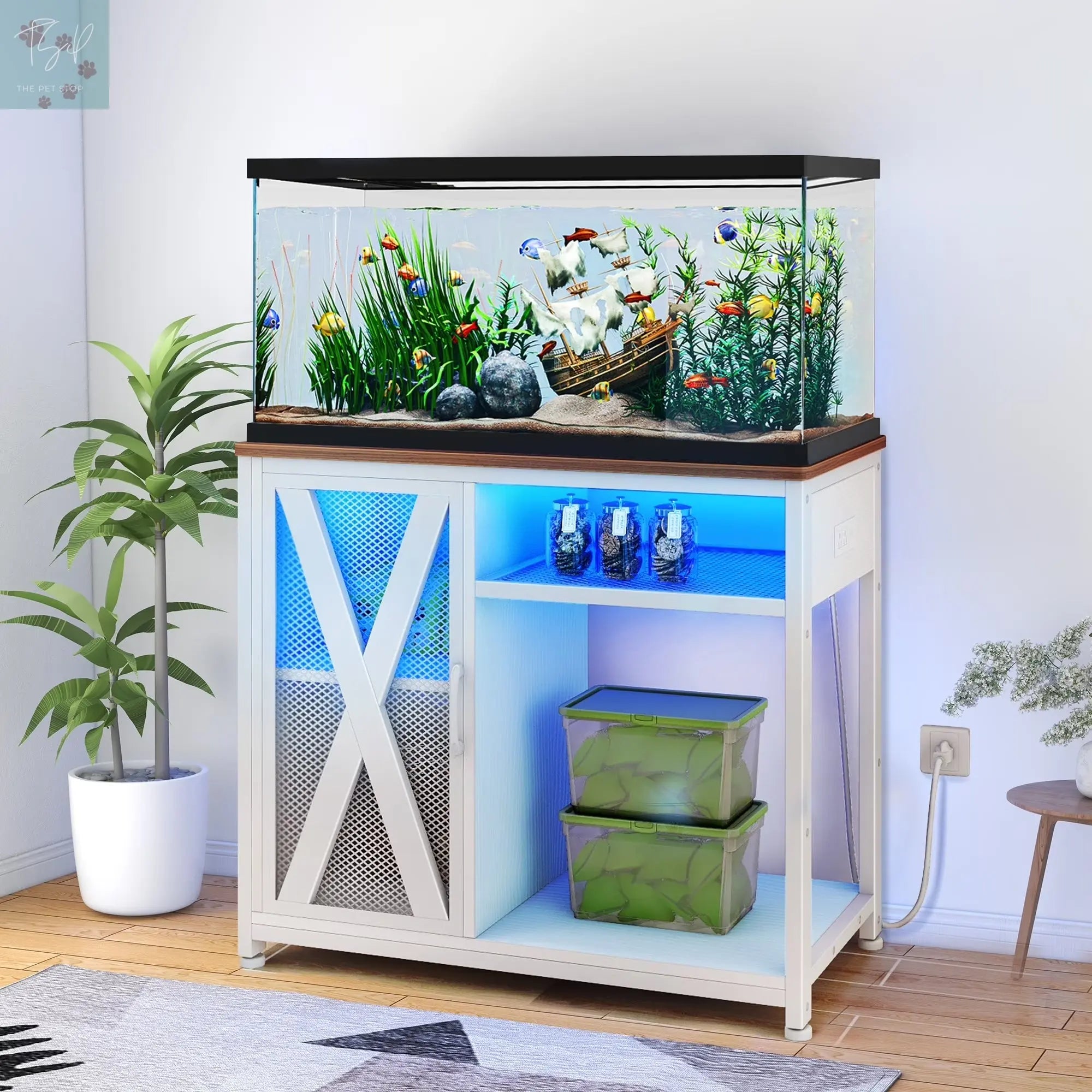 Dextrus Fish Tank Stand Metal Aquarium Stand with Power Outlets & LED Light and Cabinet, for 40-50 Gallon Aquarium Bearable 880LBS Capacity, Gray & Black Dextrus