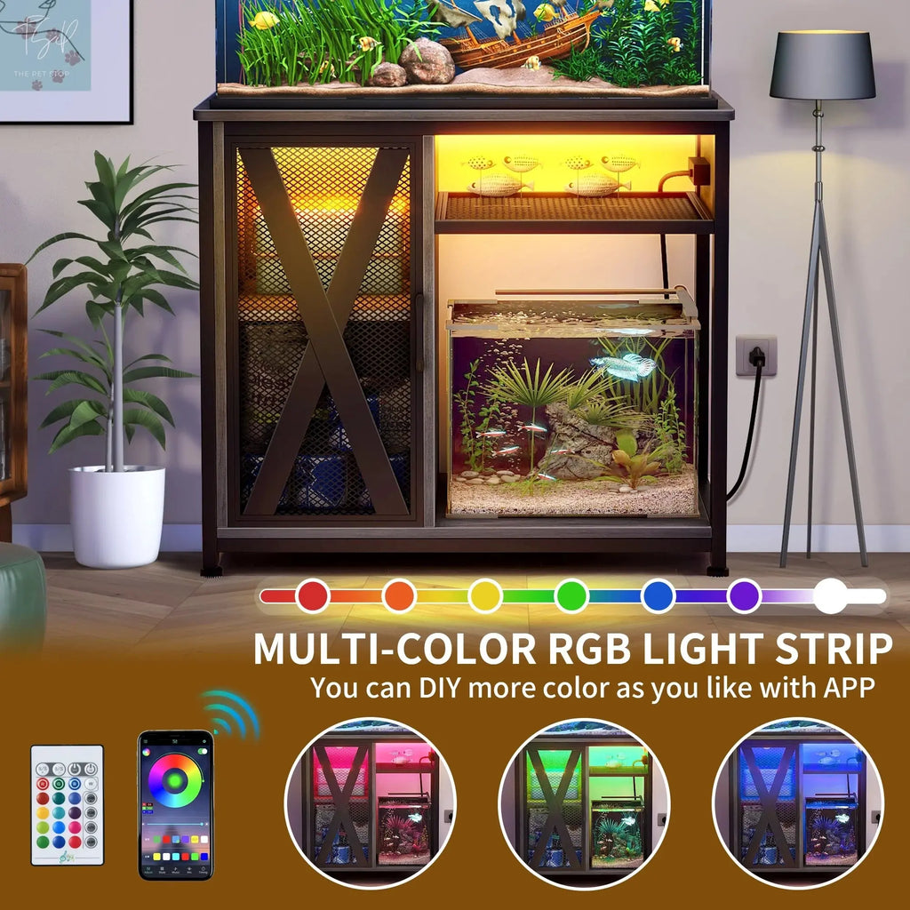 Dextrus Fish Tank Stand Metal Aquarium Stand with Power Outlets & LED Light and Cabinet, for 40-50 Gallon Aquarium Bearable 880LBS Capacity, Gray & Black Dextrus