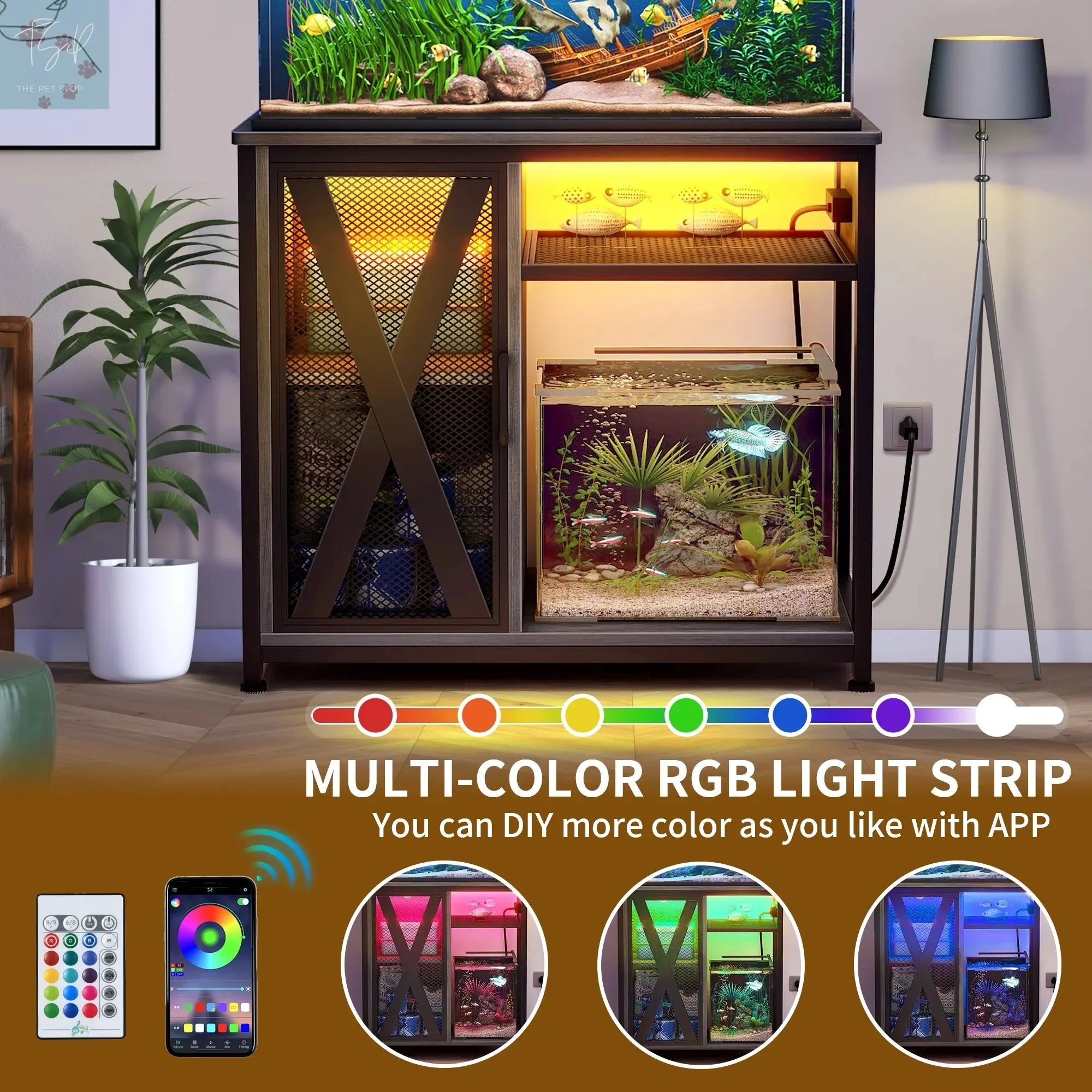 Dextrus Fish Tank Stand Metal Aquarium Stand with Power Outlets & LED Light and Cabinet, for 40-50 Gallon Aquarium Bearable 880LBS Capacity, Gray & Black Dextrus