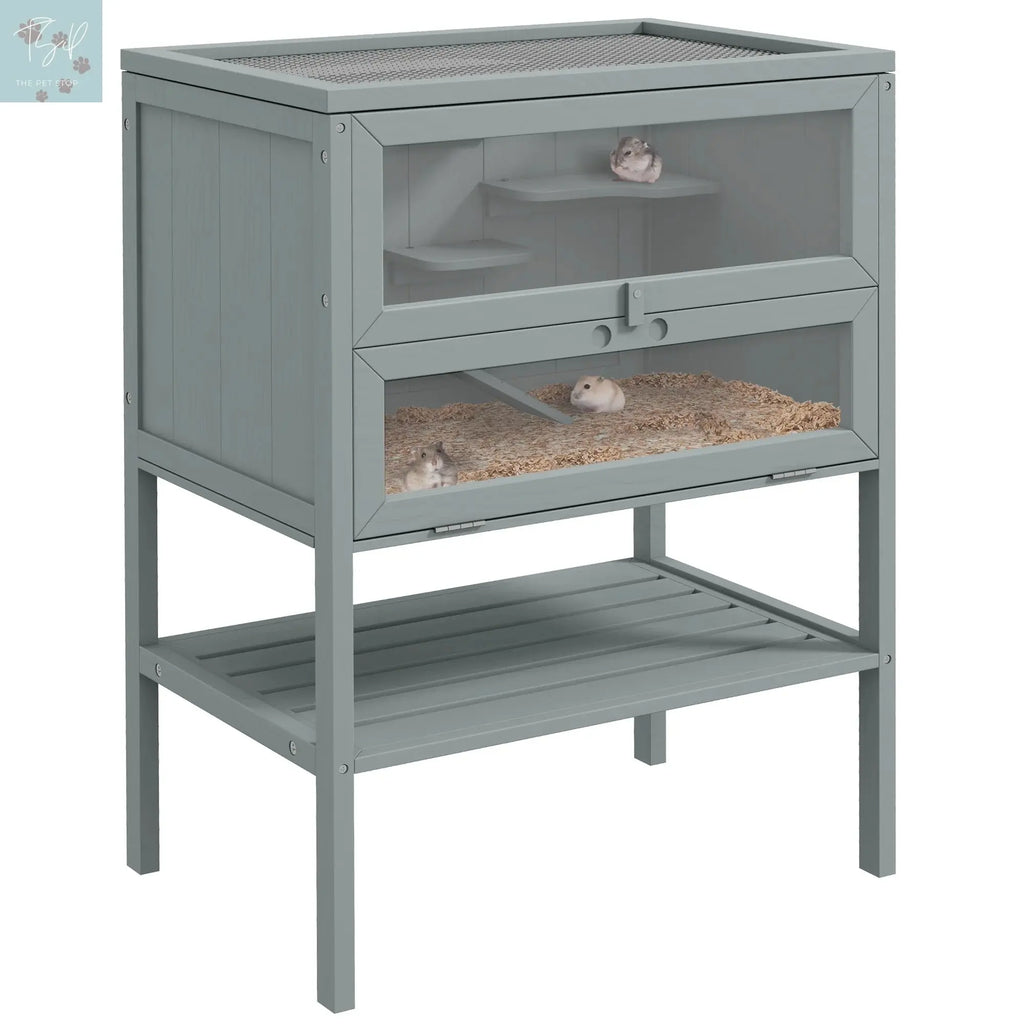 Pawhut 3-Tier Wooden Hamster Cage W/ Openable Top, Front Door, Shelf, Gray PawHut
