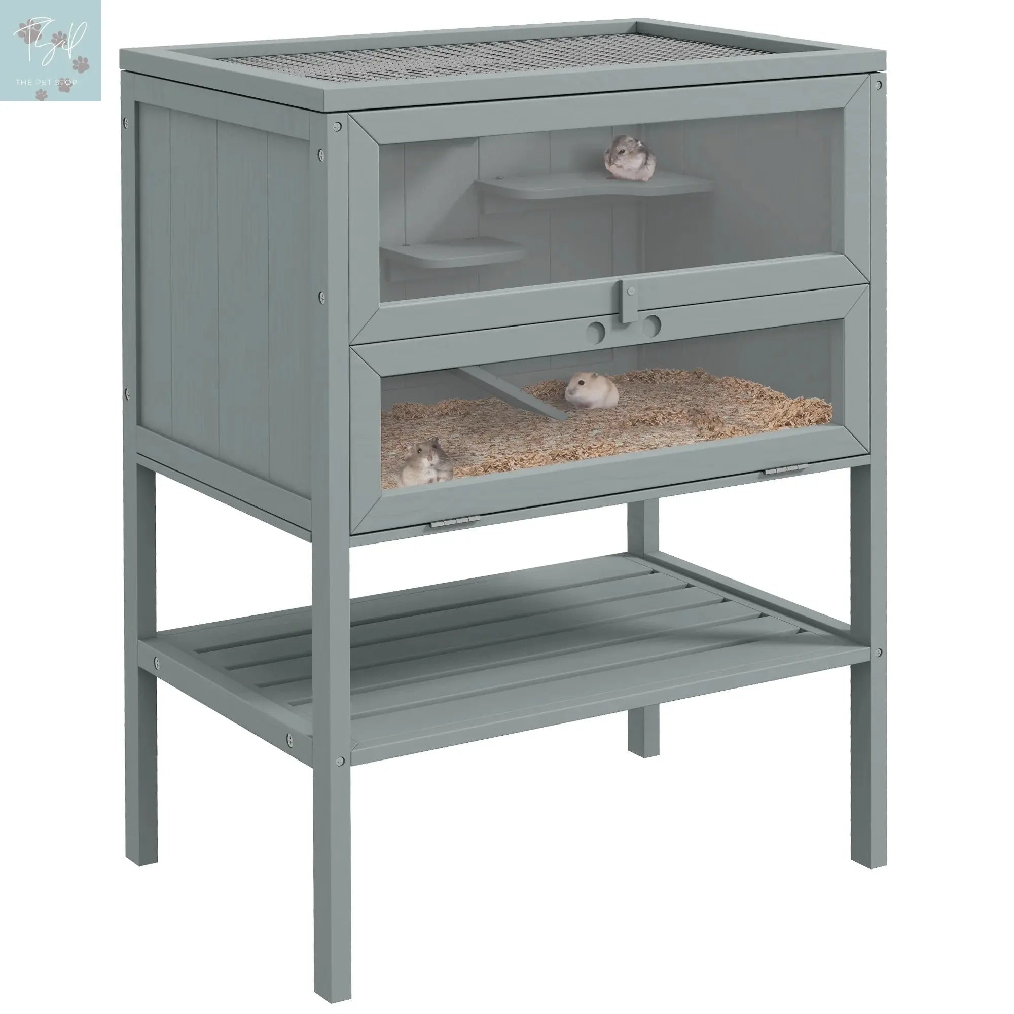 Pawhut 3-Tier Wooden Hamster Cage W/ Openable Top, Front Door, Shelf, Gray PawHut