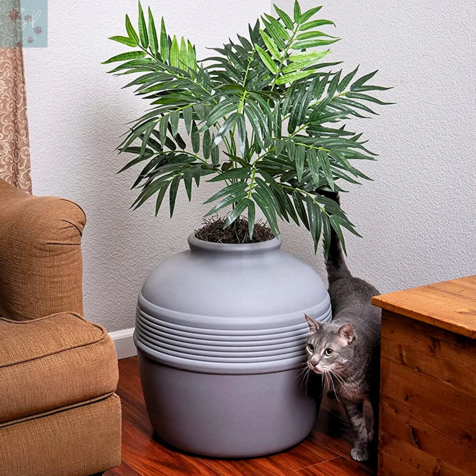 Discreet Litter Box Planter with Hooded Design and Artificial Plant for Pets Does not apply