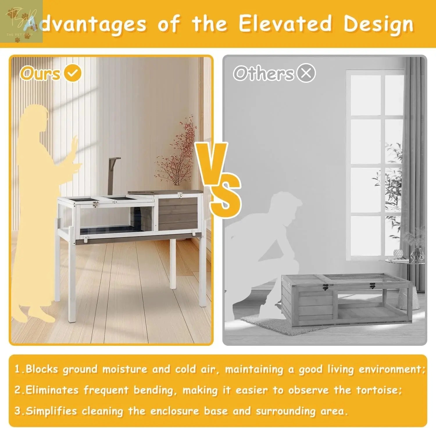 PETSCOSSET Tortoise Habitat Turtle Enclosure with Detachable Legs, Wooden Indoor Reptile Cage for Small Animals with Leakproof Tray PETSCOSSET