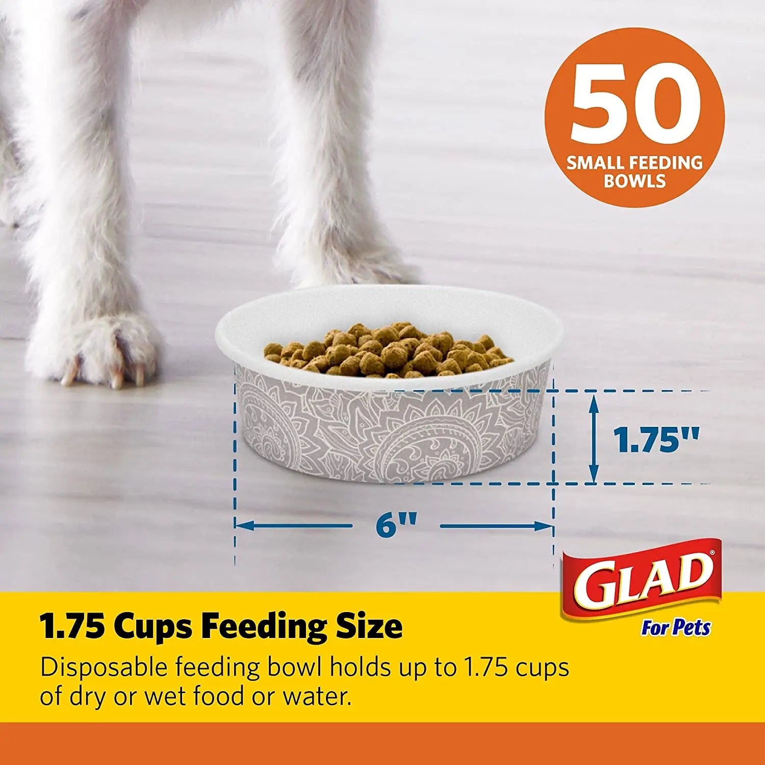 Glad for Pets Disposable Feeding Bowls for Small Dogs - Stylish Gray Pattern, 1.75 Cup Capacity, Perfect for Food and Water (Single Pack) Fetch for Pets