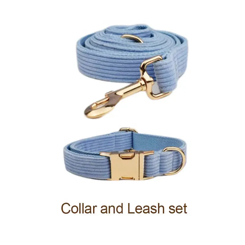 Custom Engraved Blue Corduroy Dog Collar and Leash Set for Pets NONE