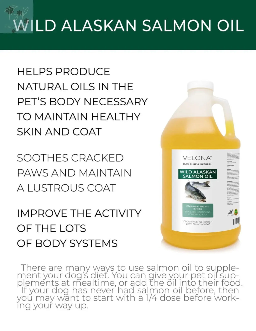 Velona Wild Alaskan Salmon Oil for Dogs and Cats - 2 Fl Oz and 1 Gallon Options, Rich in Omega-3 and EPA for Healthy Coat Does not apply