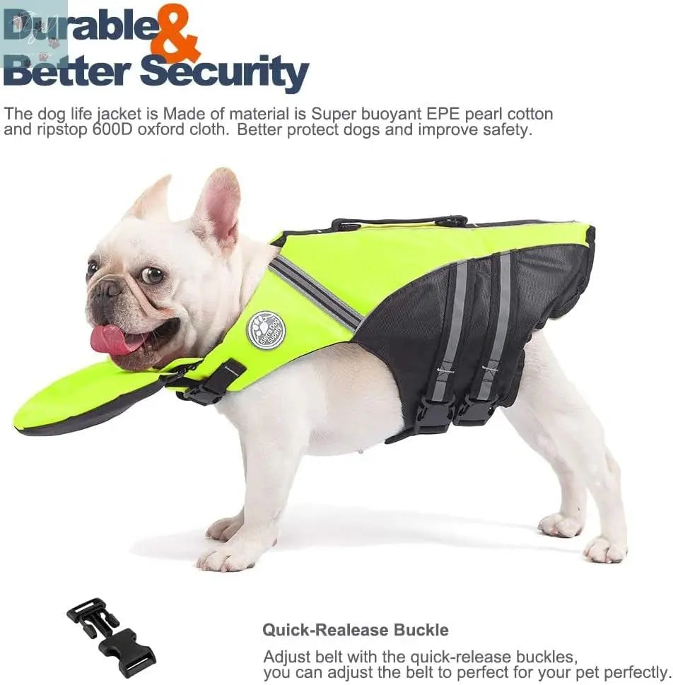 French Bulldog Life Jacket with Chin Float and Rescue Handle - Adjustable High Visibility Flotation Vest for Corgis and Pugs (Green) Petglad