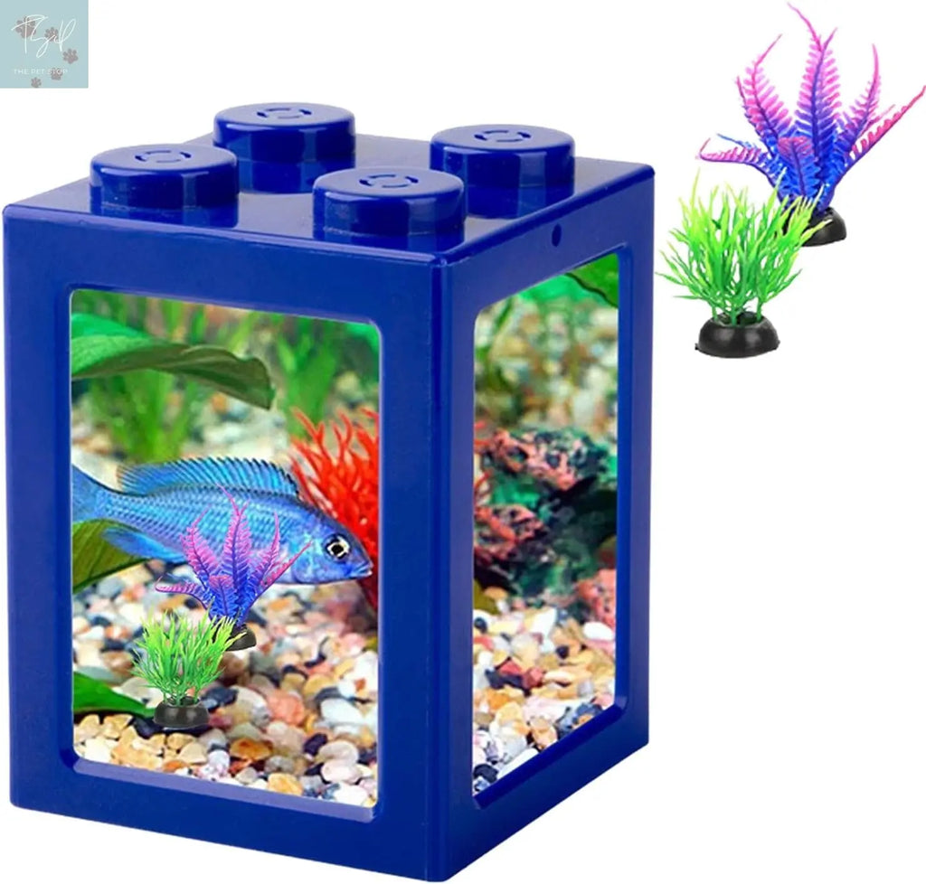 Compact Stackable Cube Fish Tank for Betta Fish with Decorative Elements and Ant Feeding Case (Blue) Finding Laurel