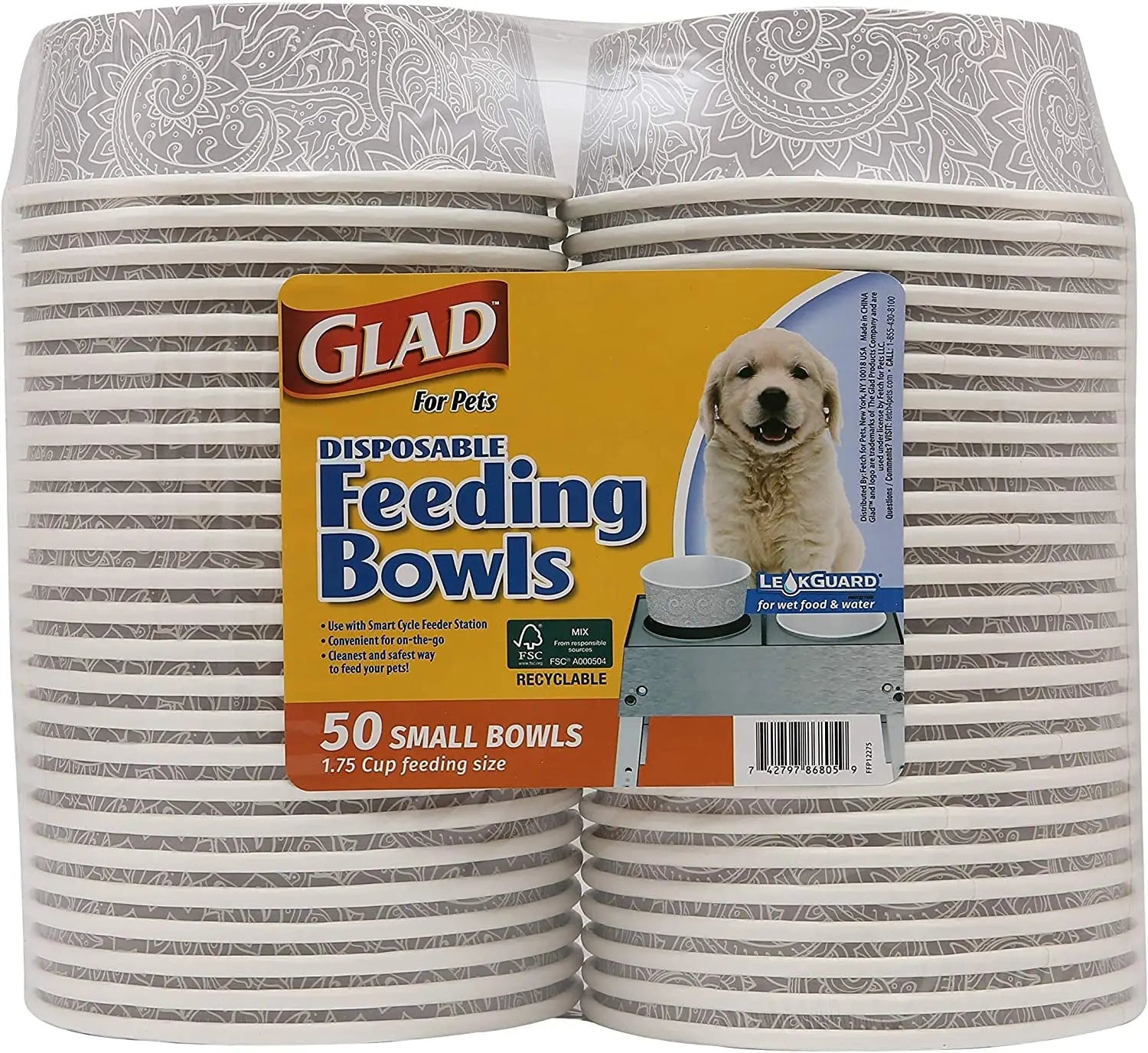 Glad for Pets Disposable Feeding Bowls for Small Dogs - Stylish Gray Pattern, 1.75 Cup Capacity, Perfect for Food and Water (Single Pack) Fetch for Pets
