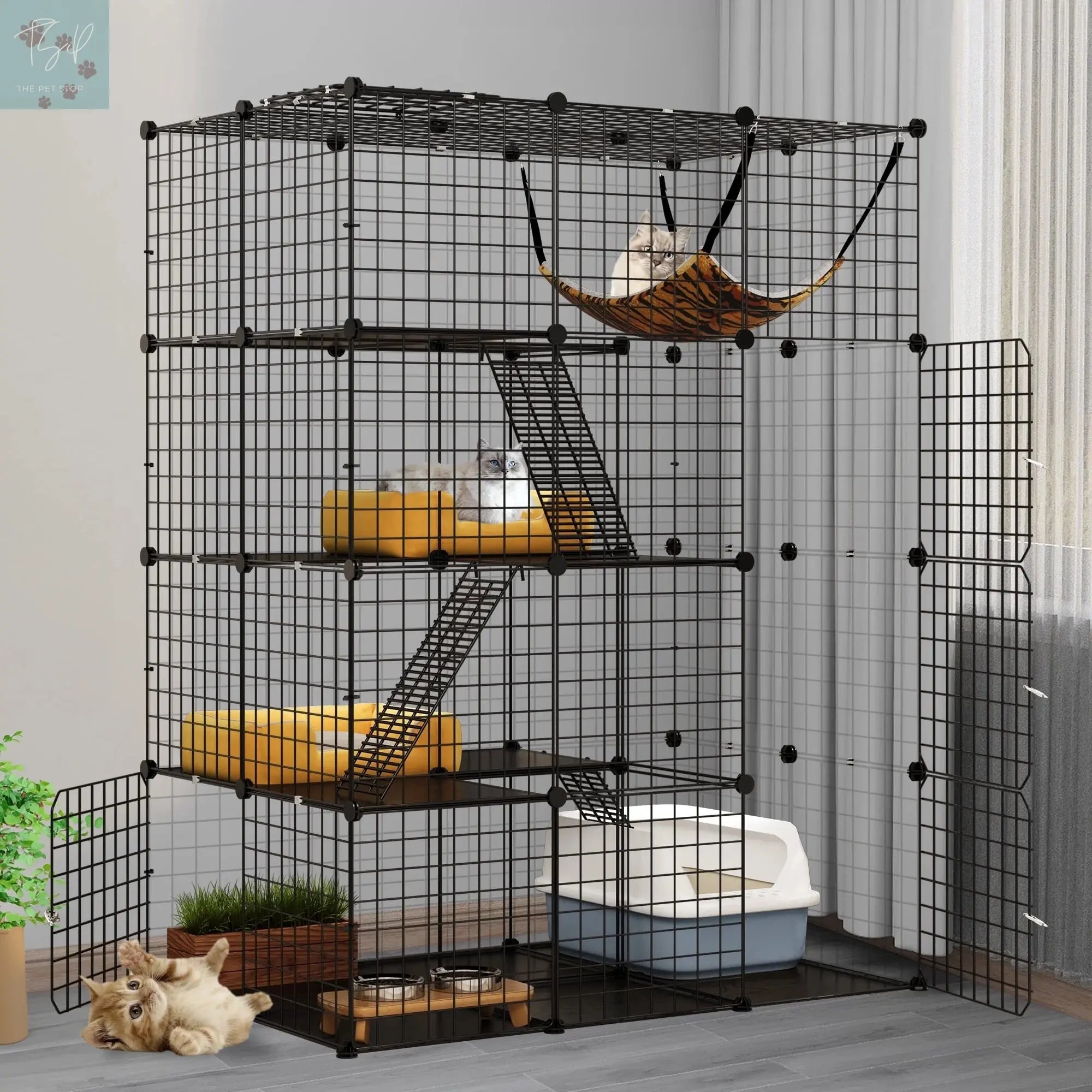 Dextrus 4-Tier Large Cat Cage with Hammock - Metal Wire Kennel and DIY Playpen for 1-3 Cats Dextrus