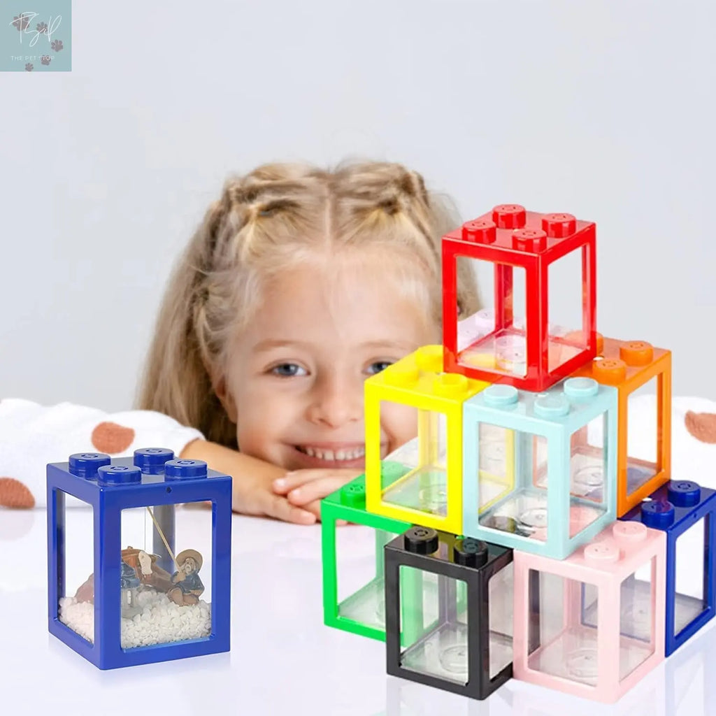 Compact Stackable Cube Fish Tank for Betta Fish with Decorative Elements and Ant Feeding Case (Blue) Finding Laurel