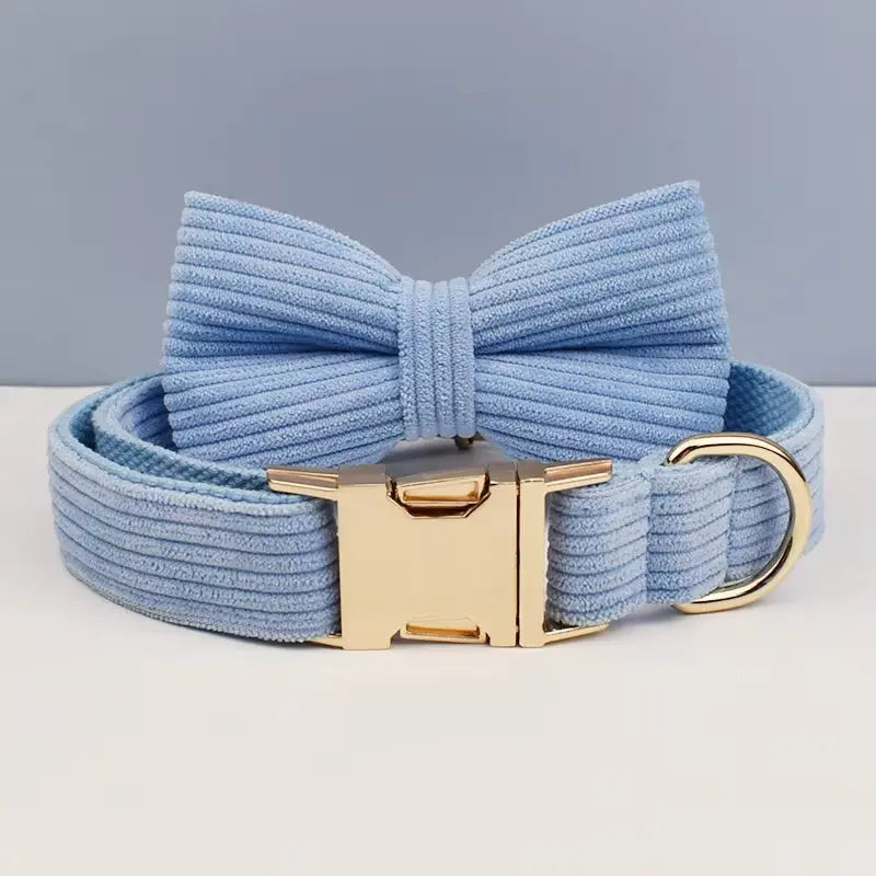Custom Engraved Blue Corduroy Dog Collar and Leash Set for Pets NONE