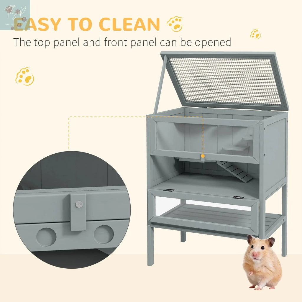 Pawhut 3-Tier Wooden Hamster Cage W/ Openable Top, Front Door, Shelf, Gray PawHut