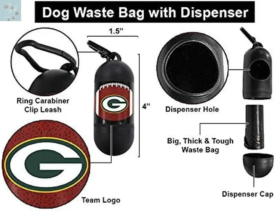 NFL Green Bay Packers Licensed Pet Waste Bag Dispenser with D-Ring for Leash and 600 Premium Garbage Bags Pets First