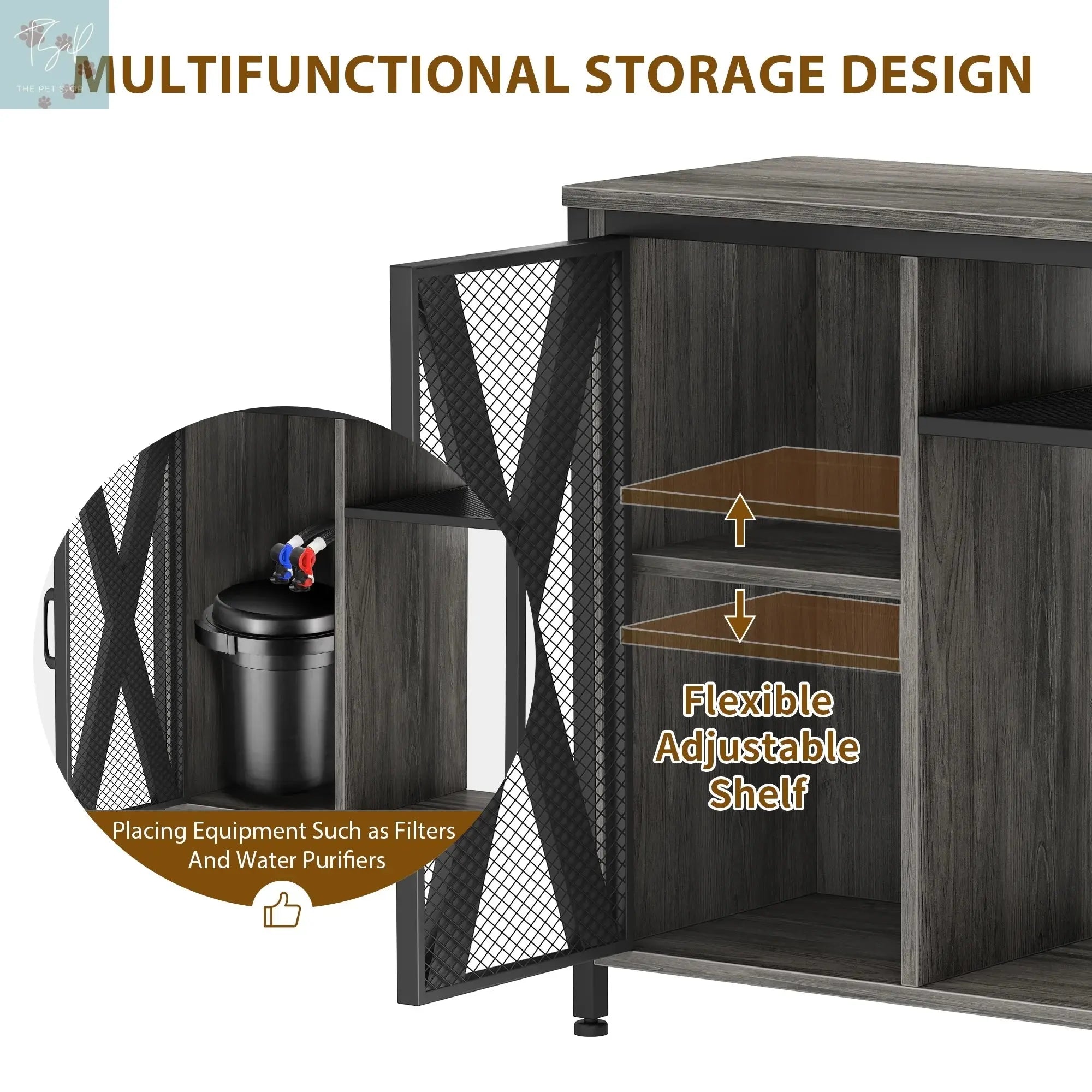 Dextrus Fish Tank Stand Metal Aquarium Stand with Power Outlets & LED Light and Cabinet, for 40-50 Gallon Aquarium Bearable 880LBS Capacity, Gray & Black Dextrus