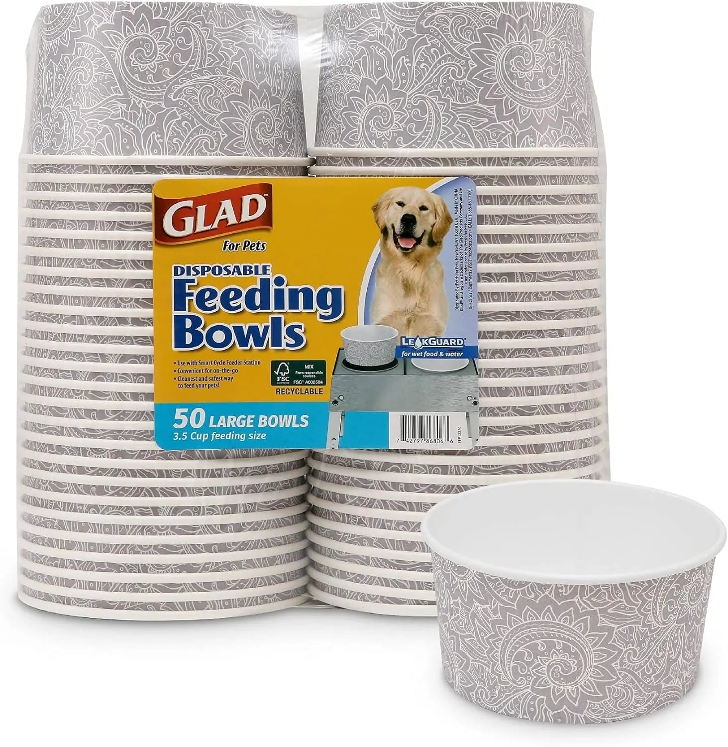 Glad for Pets Disposable Feeding Bowls for Small Dogs - Stylish Gray Pattern, 1.75 Cup Capacity, Perfect for Food and Water (Single Pack) Fetch for Pets
