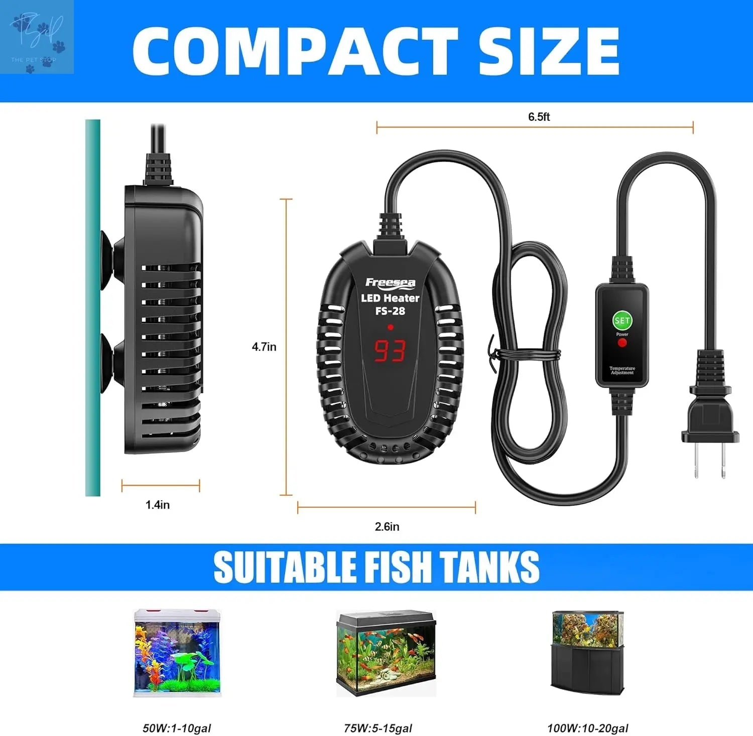 FREESEA 50W Submersible Aquarium Heater with Adjustable Temperature Controller for Betta, Saltwater, and Freshwater Tanks (1-10 Gallons) FREESEA