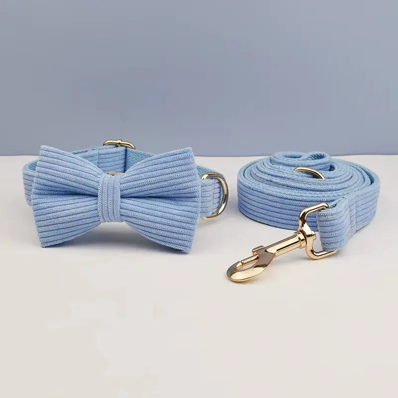 Custom Engraved Blue Corduroy Dog Collar and Leash Set for Pets NONE
