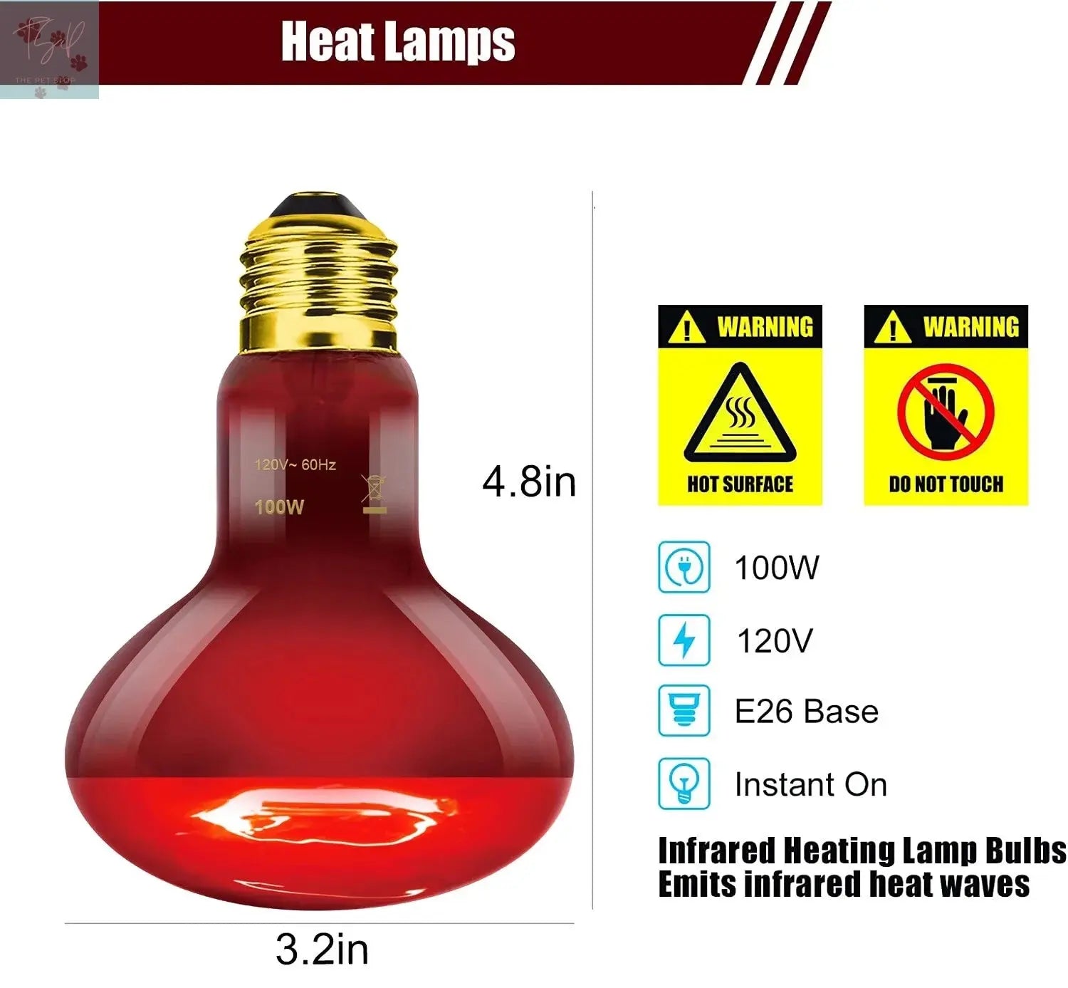 ECOSUB Reptile Heat Lamp 100W, 2Pcs E26 Basking Spot Light, Infrared Heat Lamp, Red bearded dragon tank accessories