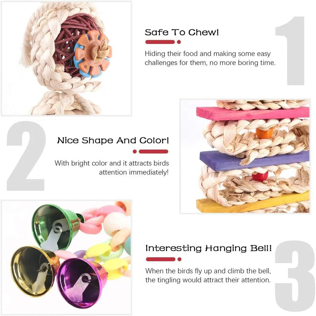 Hilitchi Vibrant 3-Pack Bird Toy Set: Engaging Hanging Bells, Rattan Balls, and Twisted String for Happy Parrots, Parakeets, and Lovebirds - Perfect for Small Cages! Hilitchi