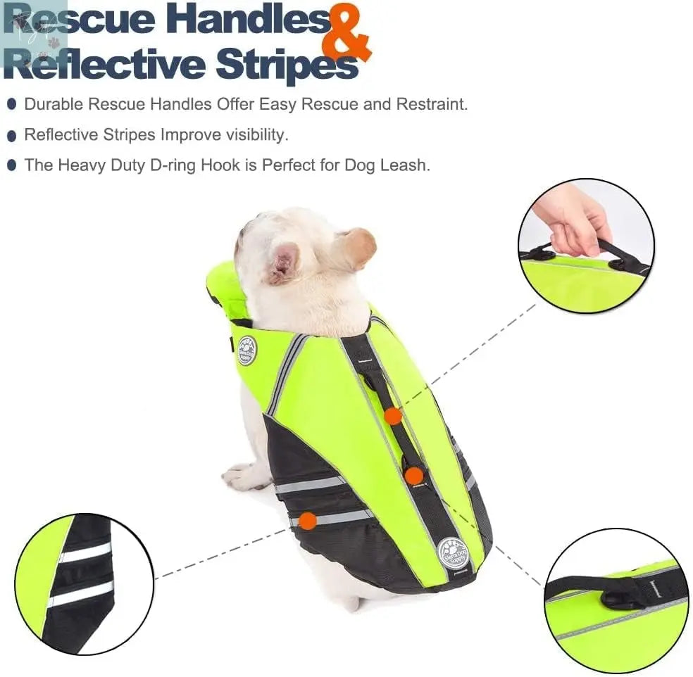 French Bulldog Life Jacket with Chin Float and Rescue Handle - Adjustable High Visibility Flotation Vest for Corgis and Pugs (Green) Petglad