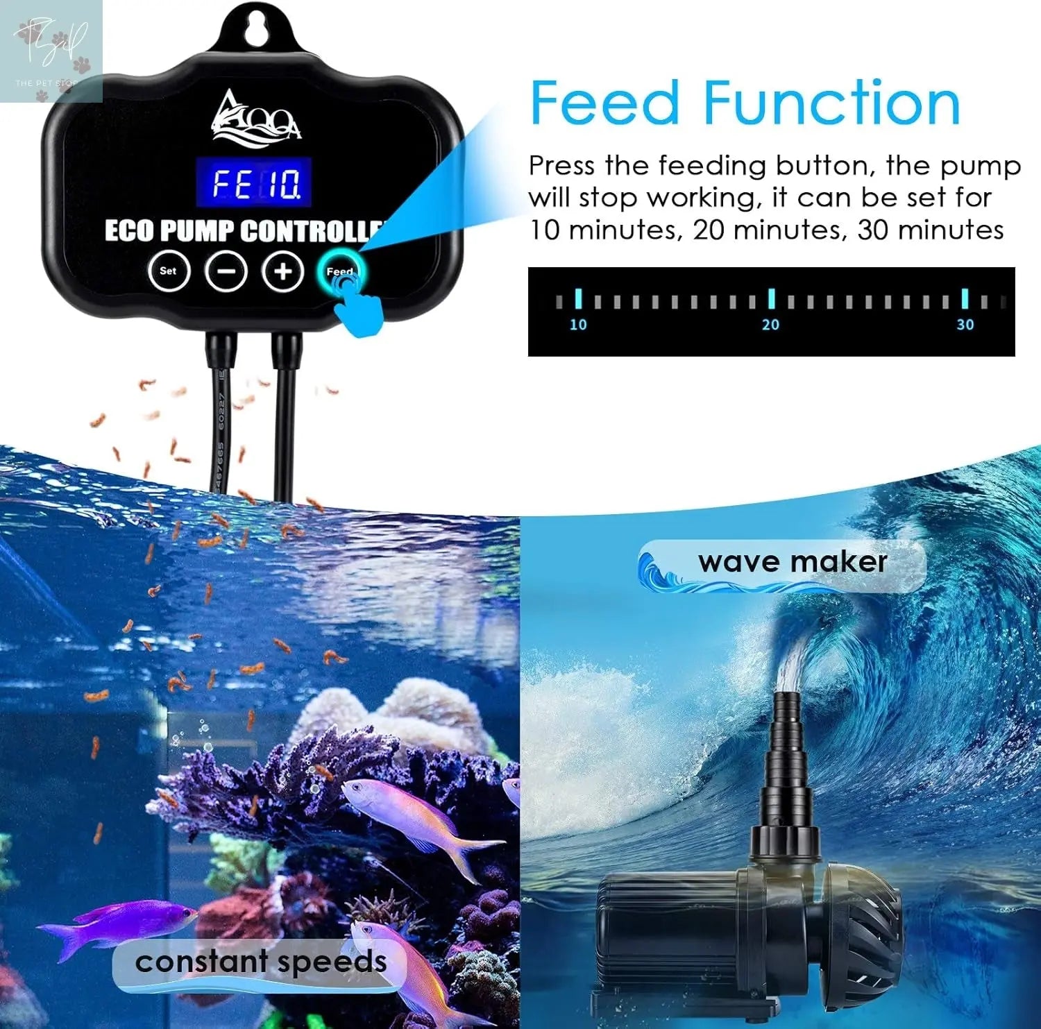 AQQA Adjustable 75W Aquarium Water Pump - 2400 GPH Circulation with Wave/Feed Mode and 20 Flow Options for Saltwater and Freshwater Applications AQQA