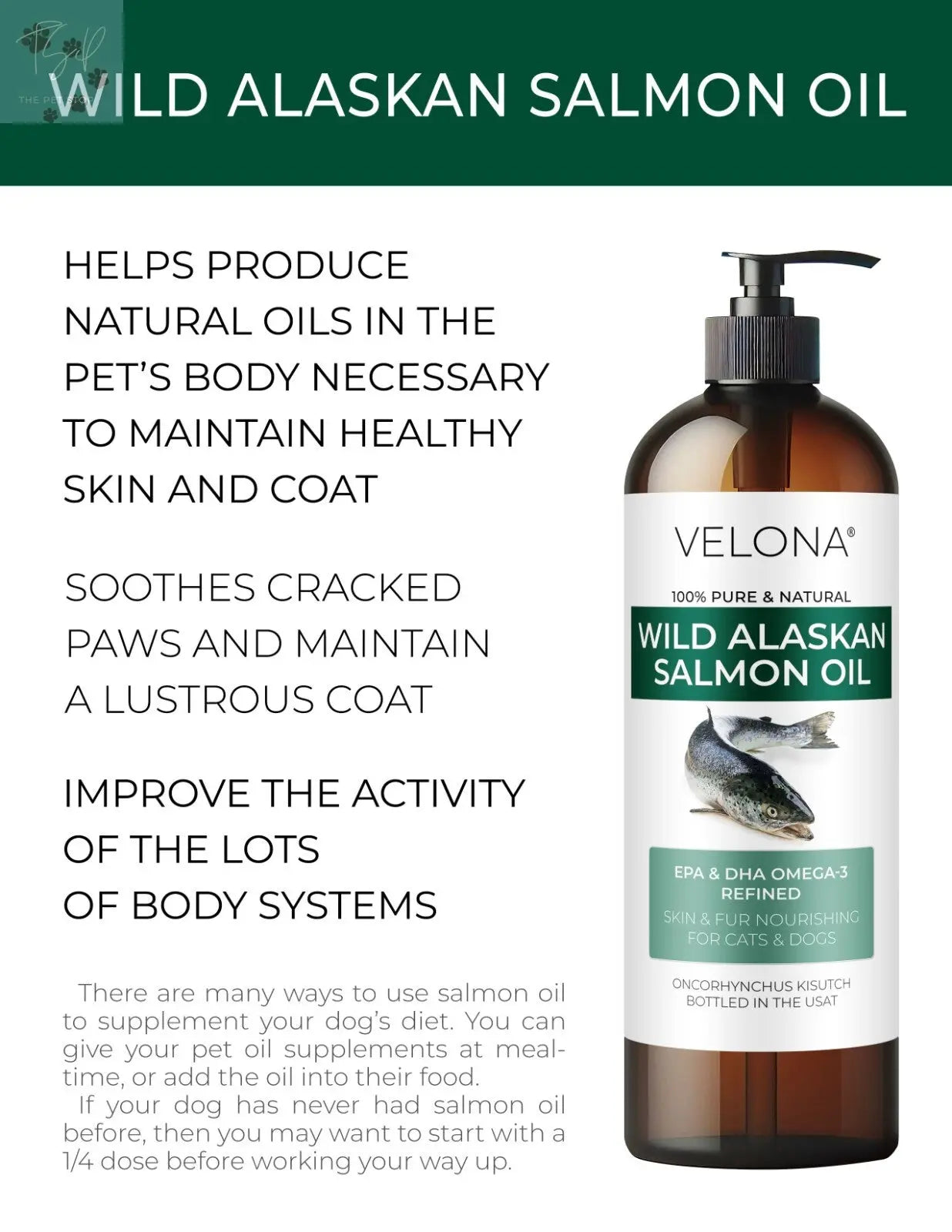 Velona Wild Alaskan Salmon Oil for Dogs and Cats - 2 Fl Oz and 1 Gallon Options, Rich in Omega-3 and EPA for Healthy Coat Does not apply