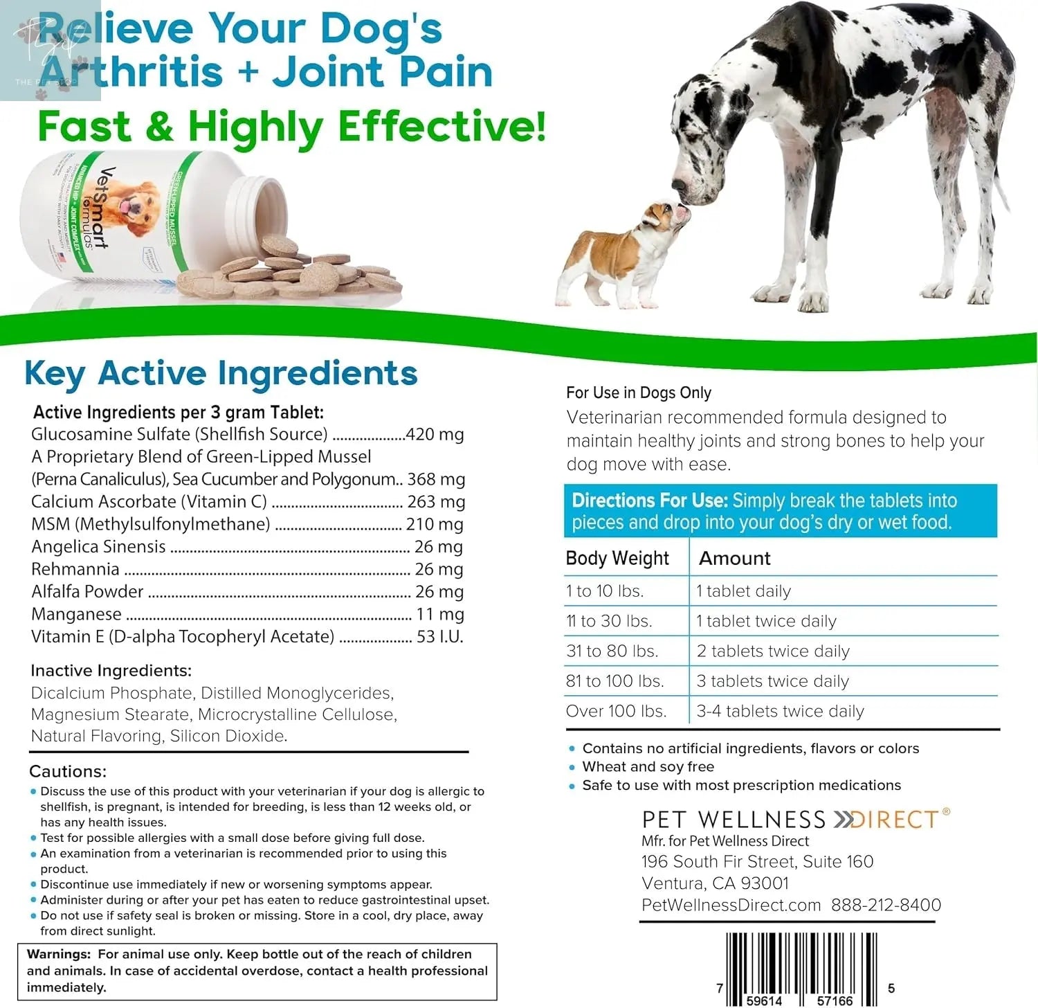 Vetsmart Formulas Advanced Hip and Joint Tablets with MSM and Green Lipped Mussels - Natural Relief for Canine Joint Discomfort Pet Wellness Direct