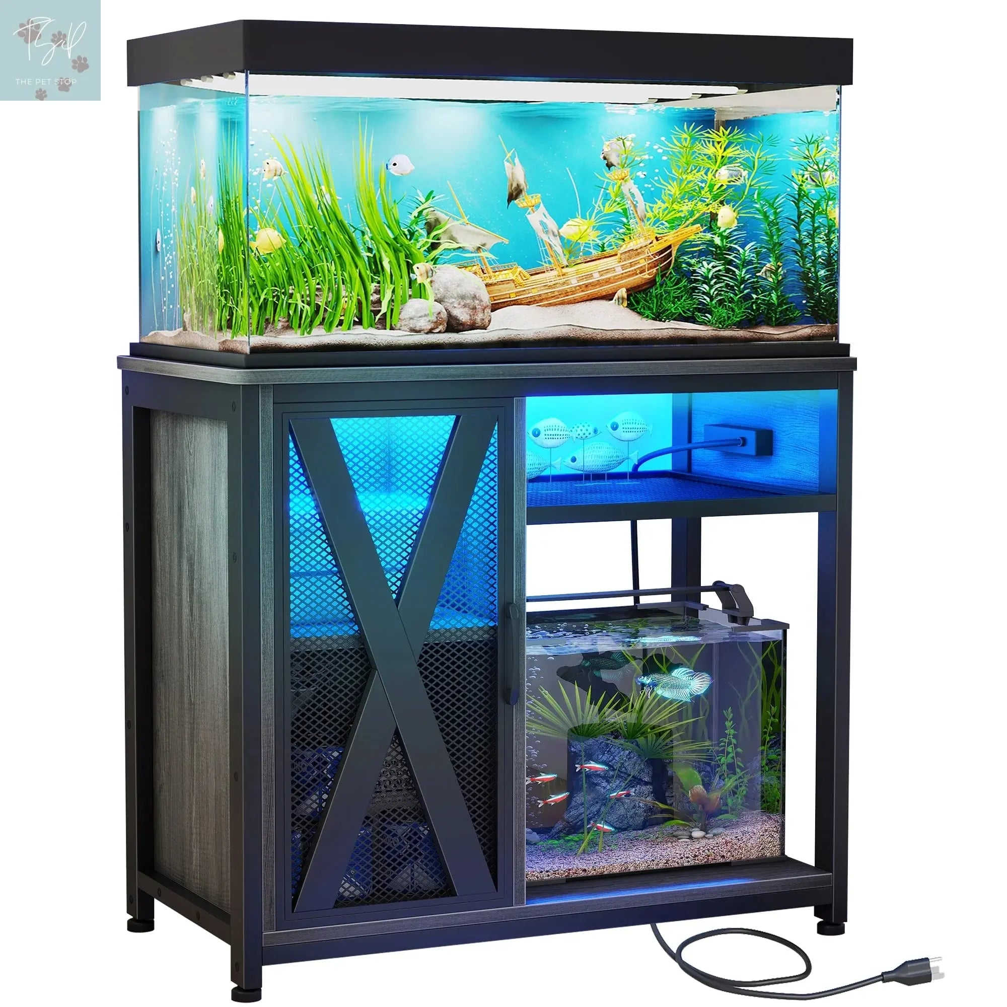 Dextrus Fish Tank Stand Metal Aquarium Stand with Power Outlets & LED Light and Cabinet, for 40-50 Gallon Aquarium Bearable 880LBS Capacity, Gray & Black Dextrus