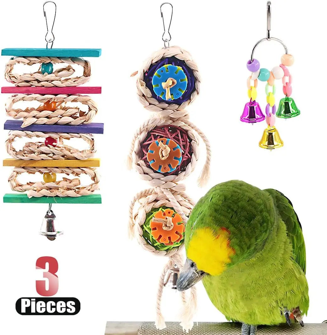 Hilitchi Vibrant 3-Pack Bird Toy Set: Engaging Hanging Bells, Rattan Balls, and Twisted String for Happy Parrots, Parakeets, and Lovebirds - Perfect for Small Cages! Hilitchi