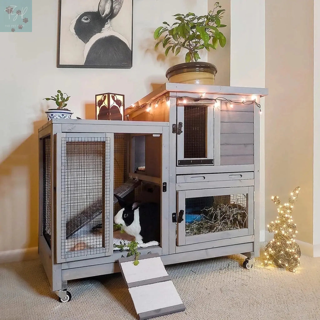 Aivituvin Wooden Bunny Hutch Indoor & Outdoor Rabbit Hutch Guinea Pig Cage for Small Animals with Trays (Grey) Aivituvin