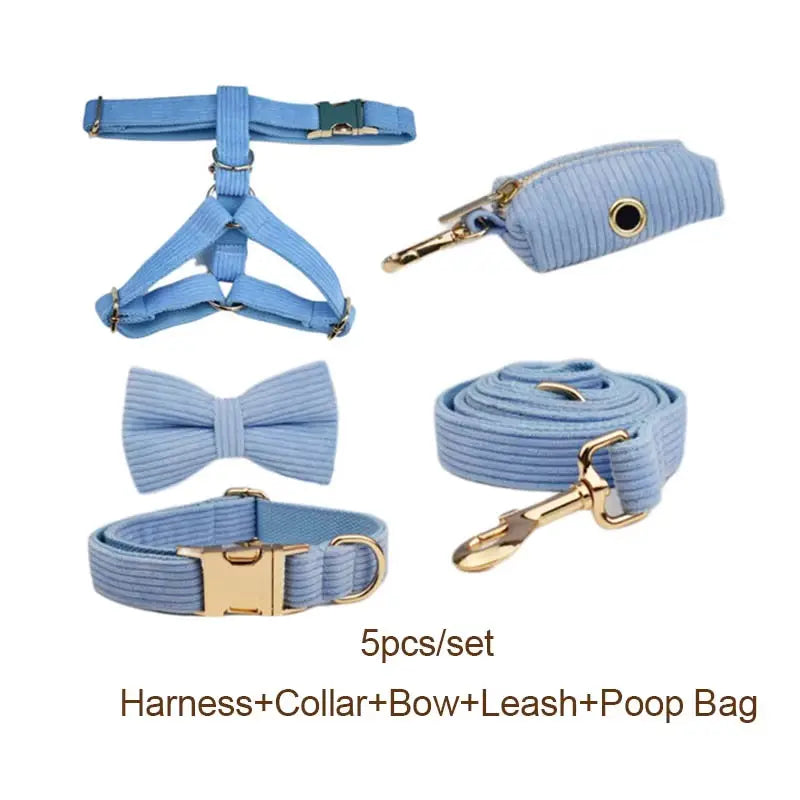 Custom Engraved Blue Corduroy Dog Collar and Leash Set for Pets NONE