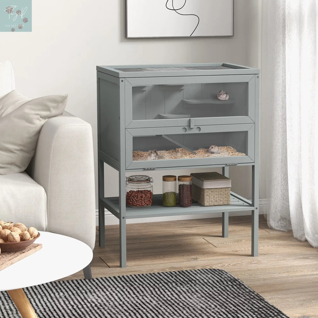 Pawhut 3-Tier Wooden Hamster Cage W/ Openable Top, Front Door, Shelf, Gray PawHut