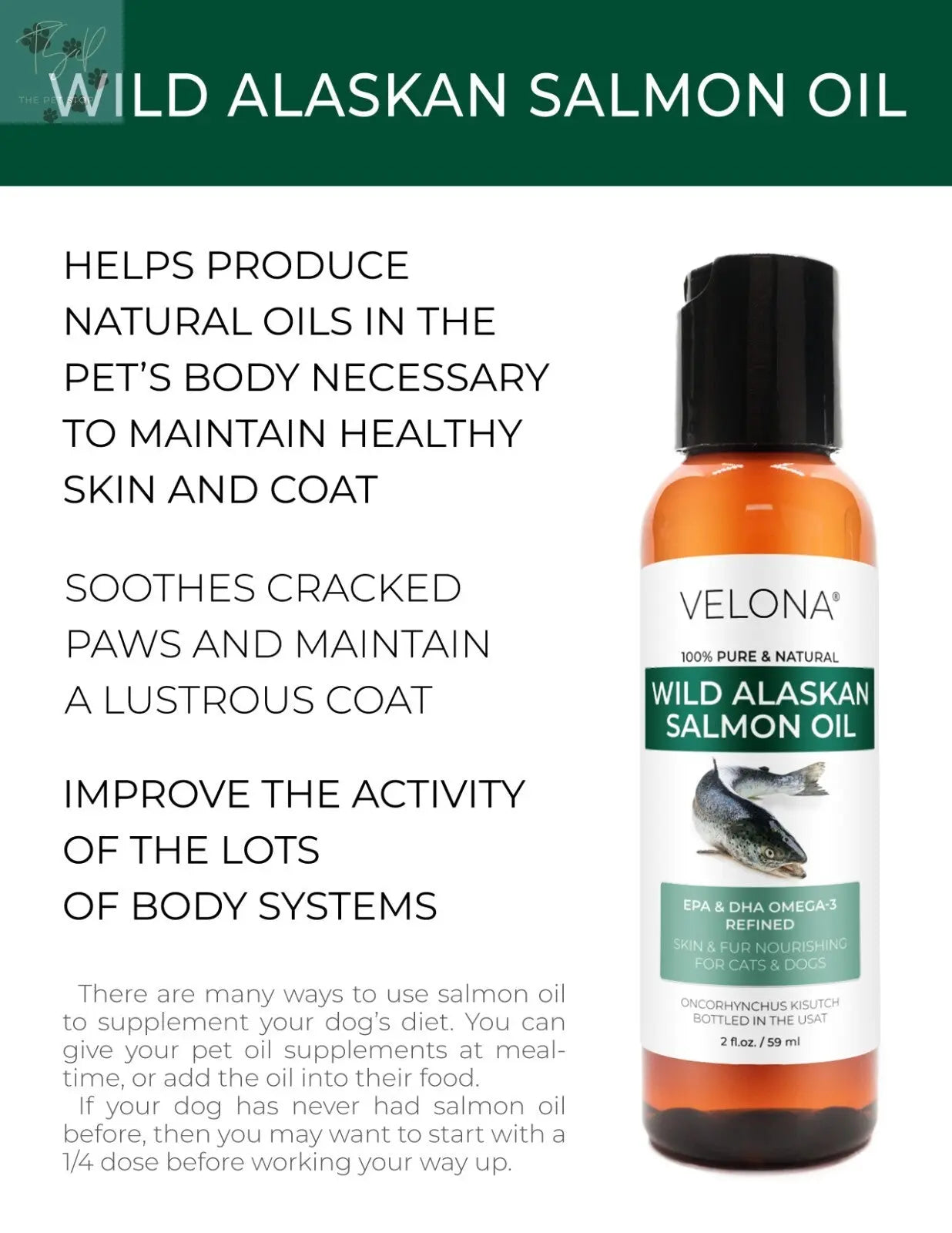 Velona Wild Alaskan Salmon Oil for Dogs and Cats - 2 Fl Oz and 1 Gallon Options, Rich in Omega-3 and EPA for Healthy Coat Does not apply