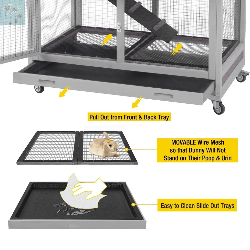Aivituvin Wooden Bunny Hutch Indoor & Outdoor Rabbit Hutch Guinea Pig Cage for Small Animals with Trays (Grey) Aivituvin