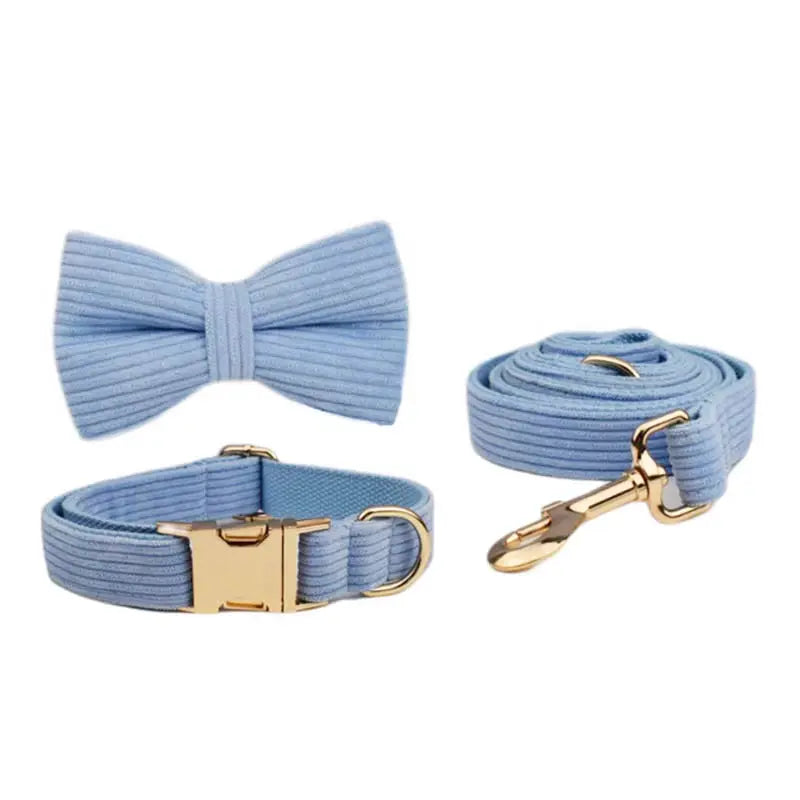 Custom Engraved Blue Corduroy Dog Collar and Leash Set for Pets NONE