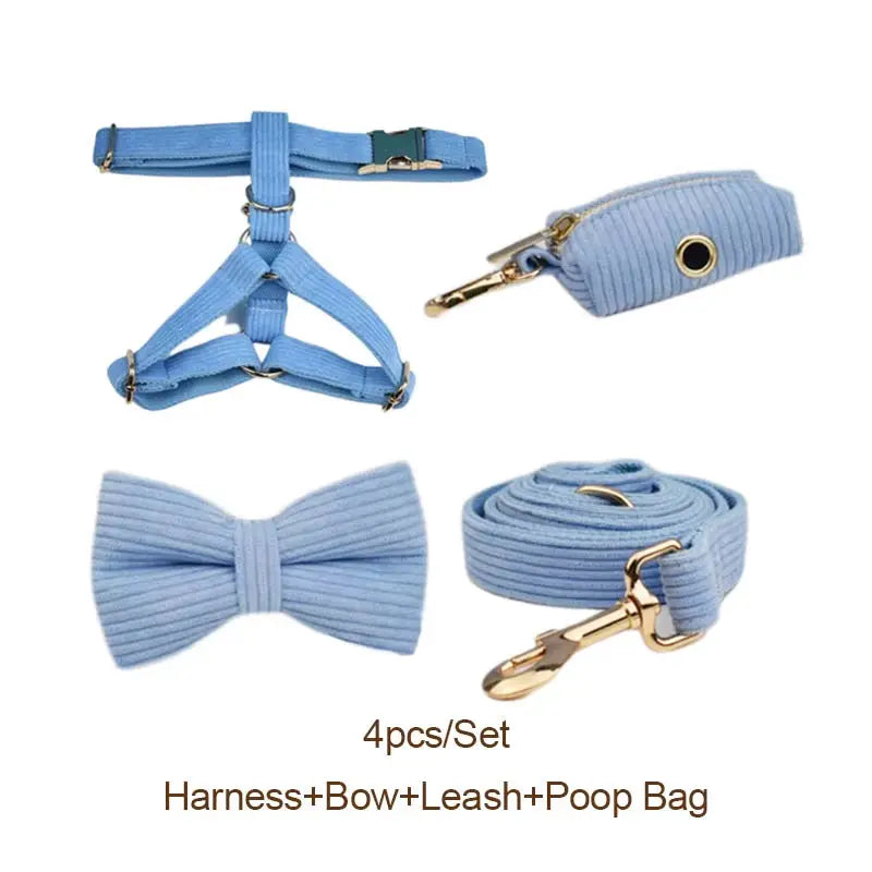 Custom Engraved Blue Corduroy Dog Collar and Leash Set for Pets NONE