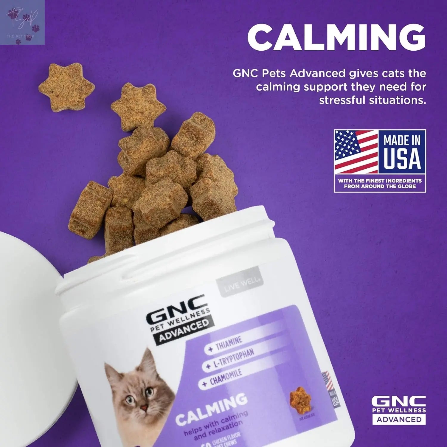 GNC Pets Advanced Calming Chews for Cats, 60 Count | Chicken Flavor Soft Chews for Relaxation | Contains Thiamine, L-Tryptophan, and Chamomile | Made in the USA Fetch for Pets