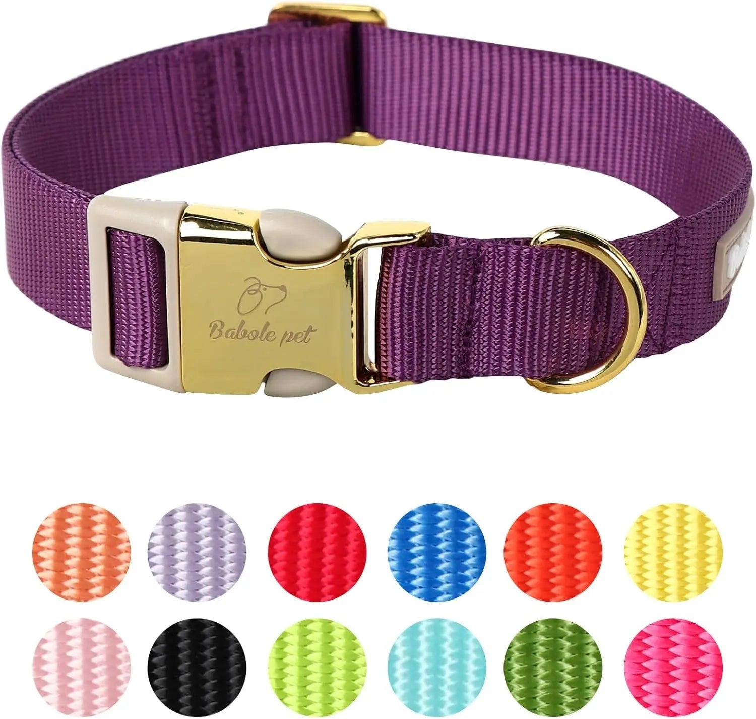 Adjustable Lavender Nylon Dog Collar with Safety Metal Buckle for Small to Large Dogs Babole Pet