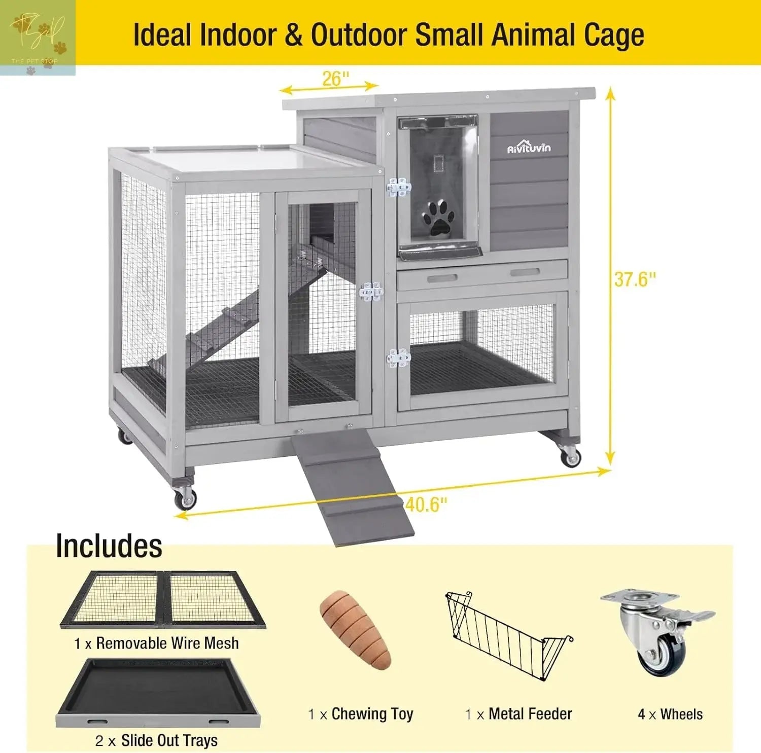 Aivituvin Wooden Bunny Hutch Indoor & Outdoor Rabbit Hutch Guinea Pig Cage for Small Animals with Trays (Grey) Aivituvin
