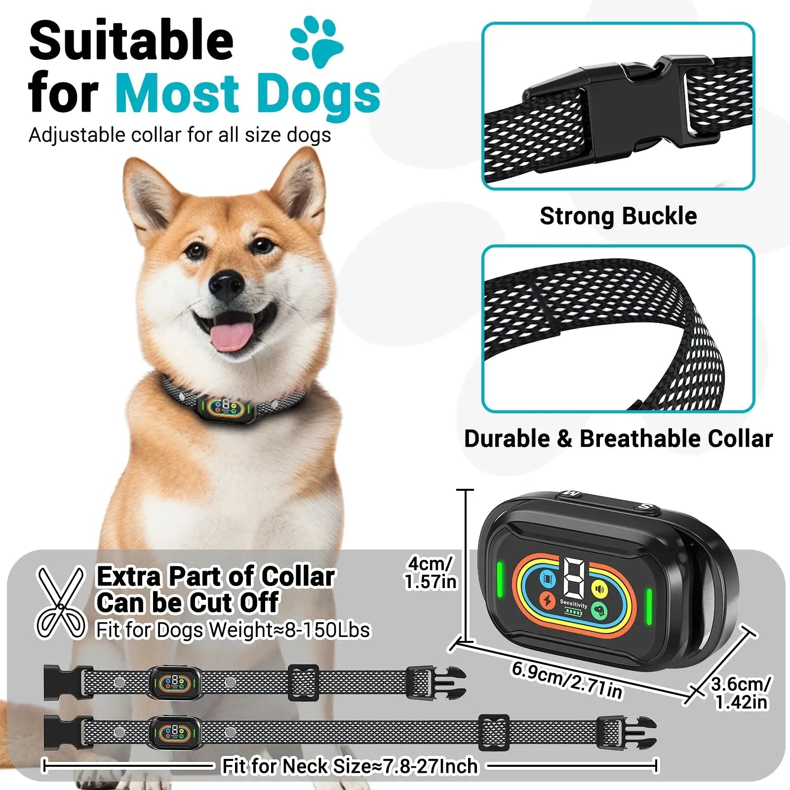 MASBRILL Rechargeable Smart Bark Collar for Large Dogs - Humane Anti-Barking Training Device with 7 Customizable Sensitivity Levels and Beep & Vibration Modes MASBRILL