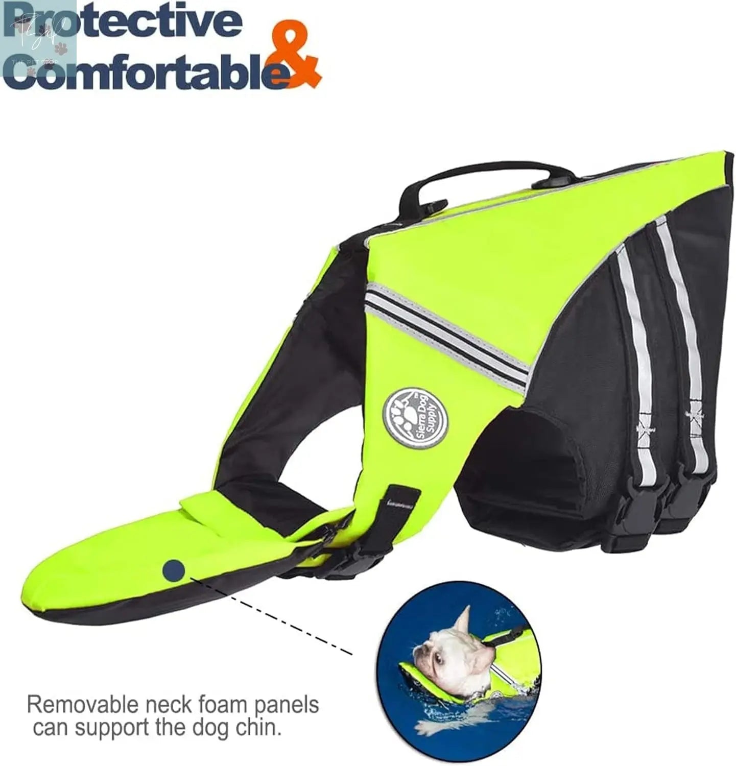 French Bulldog Life Jacket with Chin Float and Rescue Handle - Adjustable High Visibility Flotation Vest for Corgis and Pugs (Green) Petglad