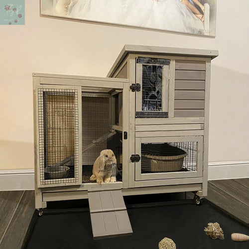 Aivituvin Wooden Bunny Hutch Indoor & Outdoor Rabbit Hutch Guinea Pig Cage for Small Animals with Trays (Grey) Aivituvin