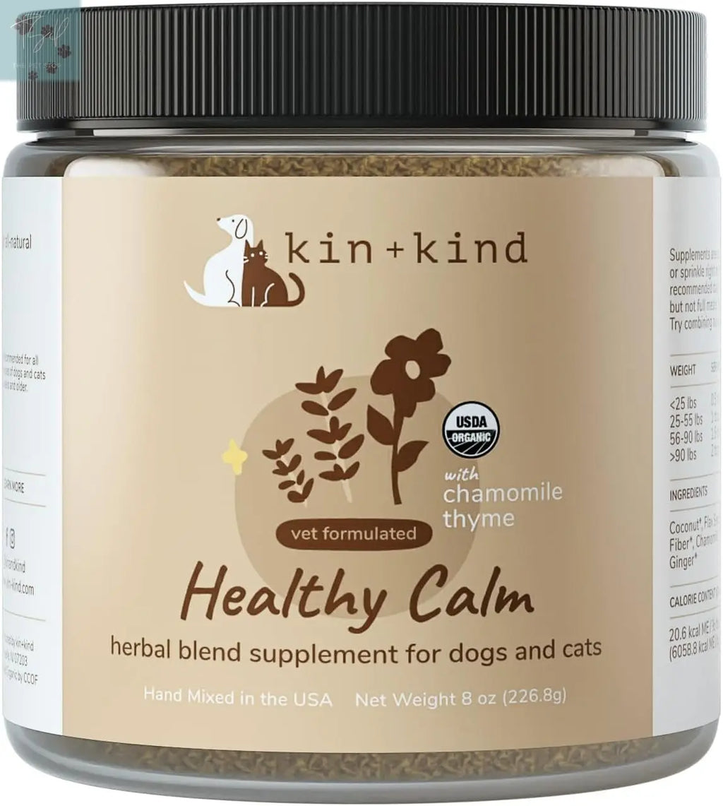 Kin+Kind Calming Supplement for Dogs and Cats – Natural Calming Support with Organic Chamomile, Thyme, Apple Pomace, Ginger, and Coconut – Veterinarian Formulated – Made in the USA – 8 Oz kin+kind