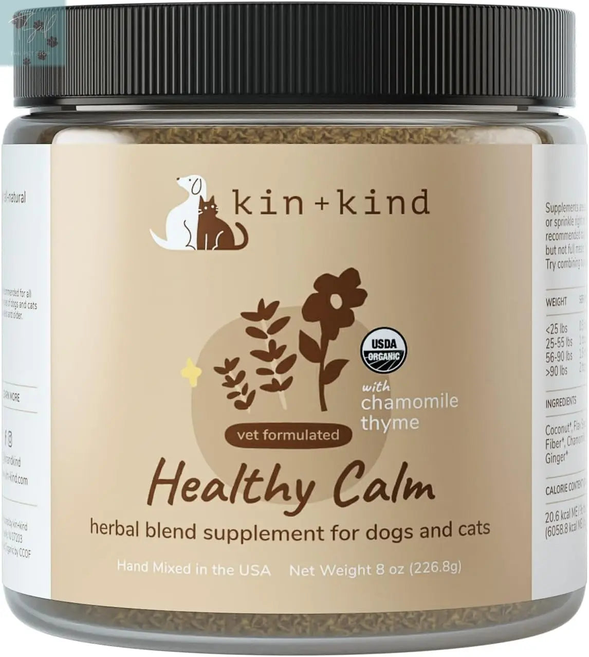 Kin+Kind Calming Supplement for Dogs and Cats – Natural Calming Support with Organic Chamomile, Thyme, Apple Pomace, Ginger, and Coconut – Veterinarian Formulated – Made in the USA – 8 Oz kin+kind